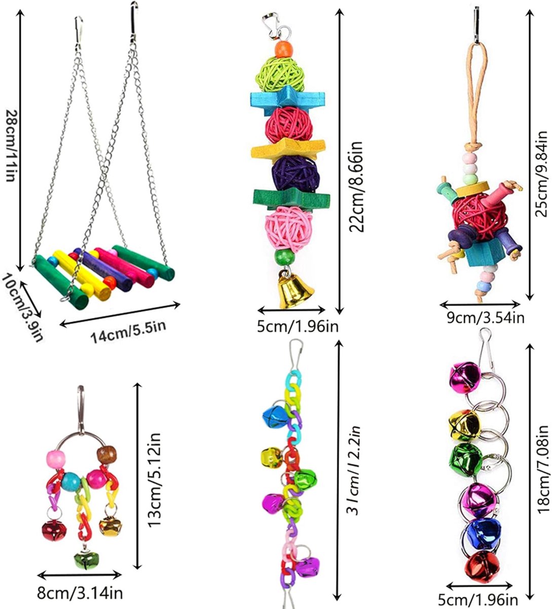 8 pieces - Bird toys - Parrot toys - Parrot swing set - Chew toys - Wooden bells Hanging toys - Pet toys - for Conures, Cockatiels, Lovebirds, Small parakeets, Budgies, Finches - Multicolor - Image 2