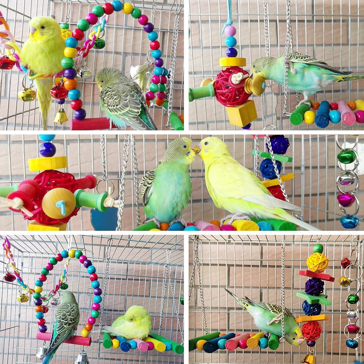 8 pieces - Bird toys - Parrot toys - Parrot swing set - Chew toys - Wooden bells Hanging toys - Pet toys - for Conures, Cockatiels, Lovebirds, Small parakeets, Budgies, Finches - Multicolor - Image 3