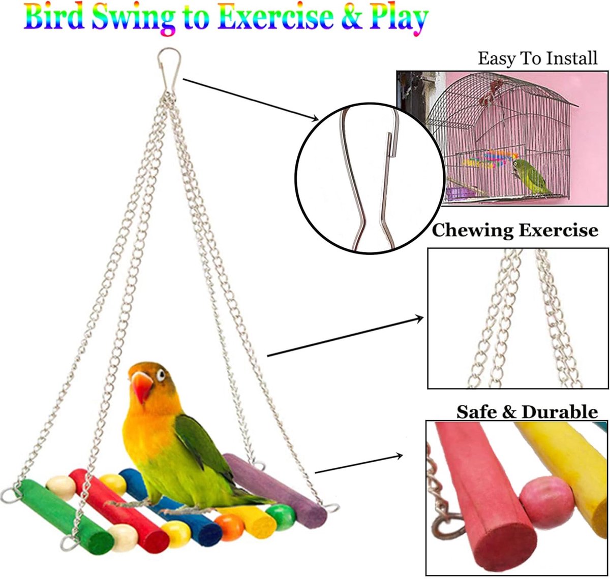 8 pieces - Bird toys - Parrot toys - Parrot swing set - Chew toys - Wooden bells Hanging toys - Pet toys - for Conures, Cockatiels, Lovebirds, Small parakeets, Budgies, Finches - Multicolor - Image 4
