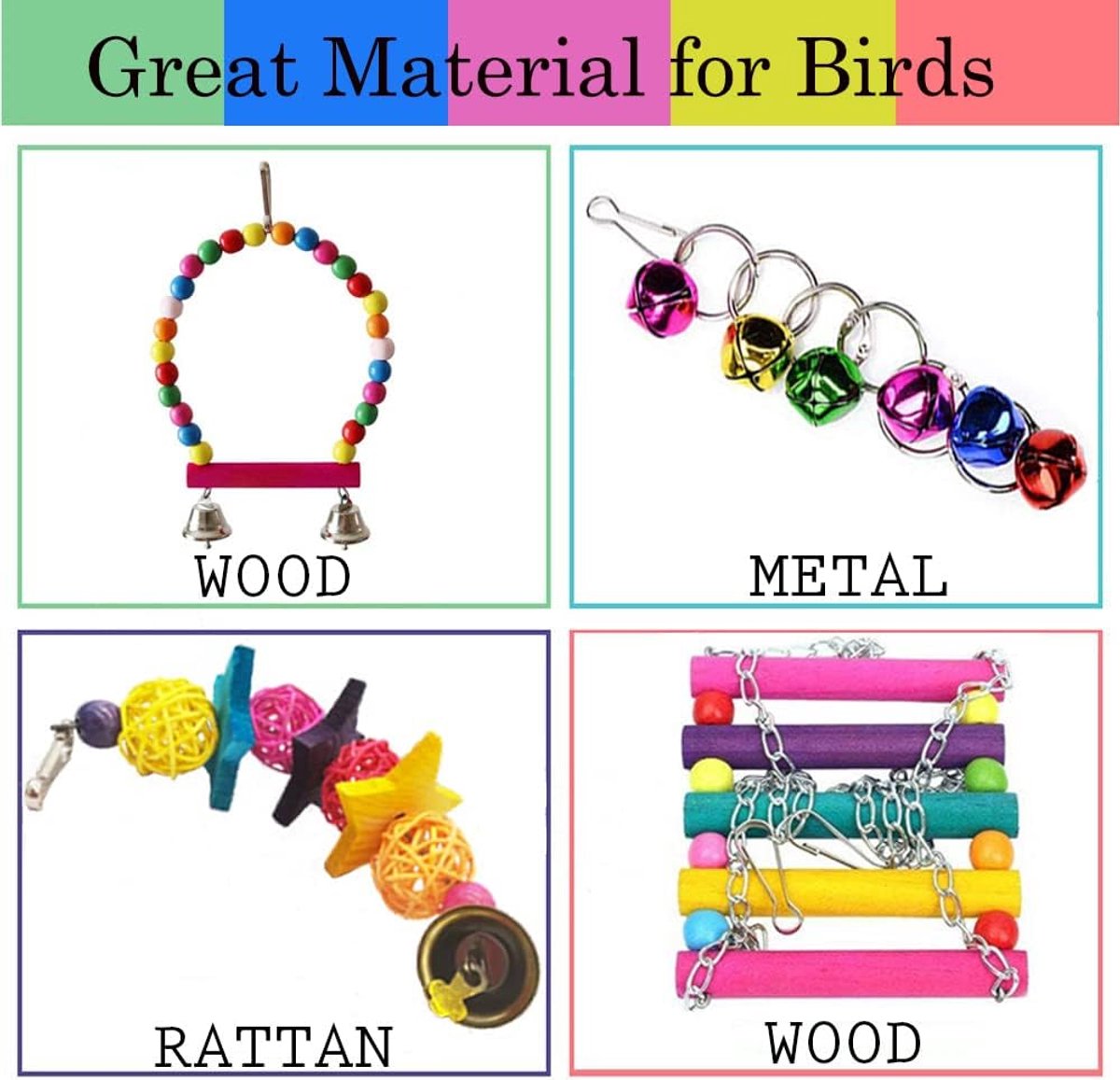 8 pieces - Bird toys - Parrot toys - Parrot swing set - Chew toys - Wooden bells Hanging toys - Pet toys - for Conures, Cockatiels, Lovebirds, Small parakeets, Budgies, Finches - Multicolor - Image 5