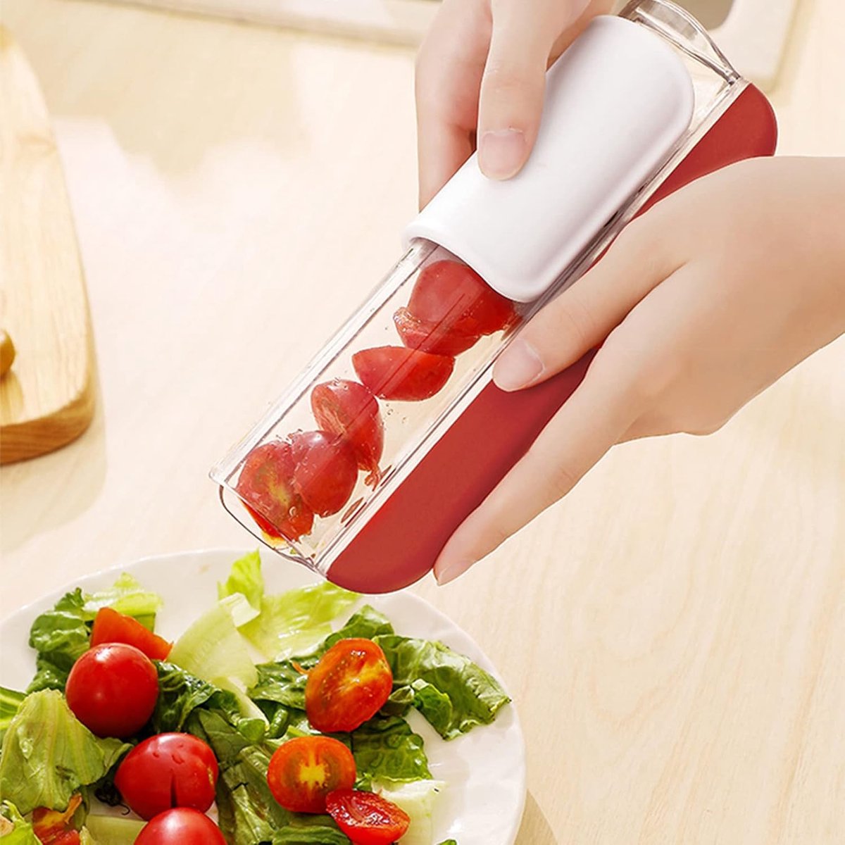 2-Piece Slicer - Tomato Slicer - Fruit Slicer - Grape Slicer - Grape Cutter - Strawberry Slicer - Salad Slicer - Multifunctional Slicer - Kitchen Utensil - Kitchen Tool - Kitchen Accessory - Red/Green - Image 2
