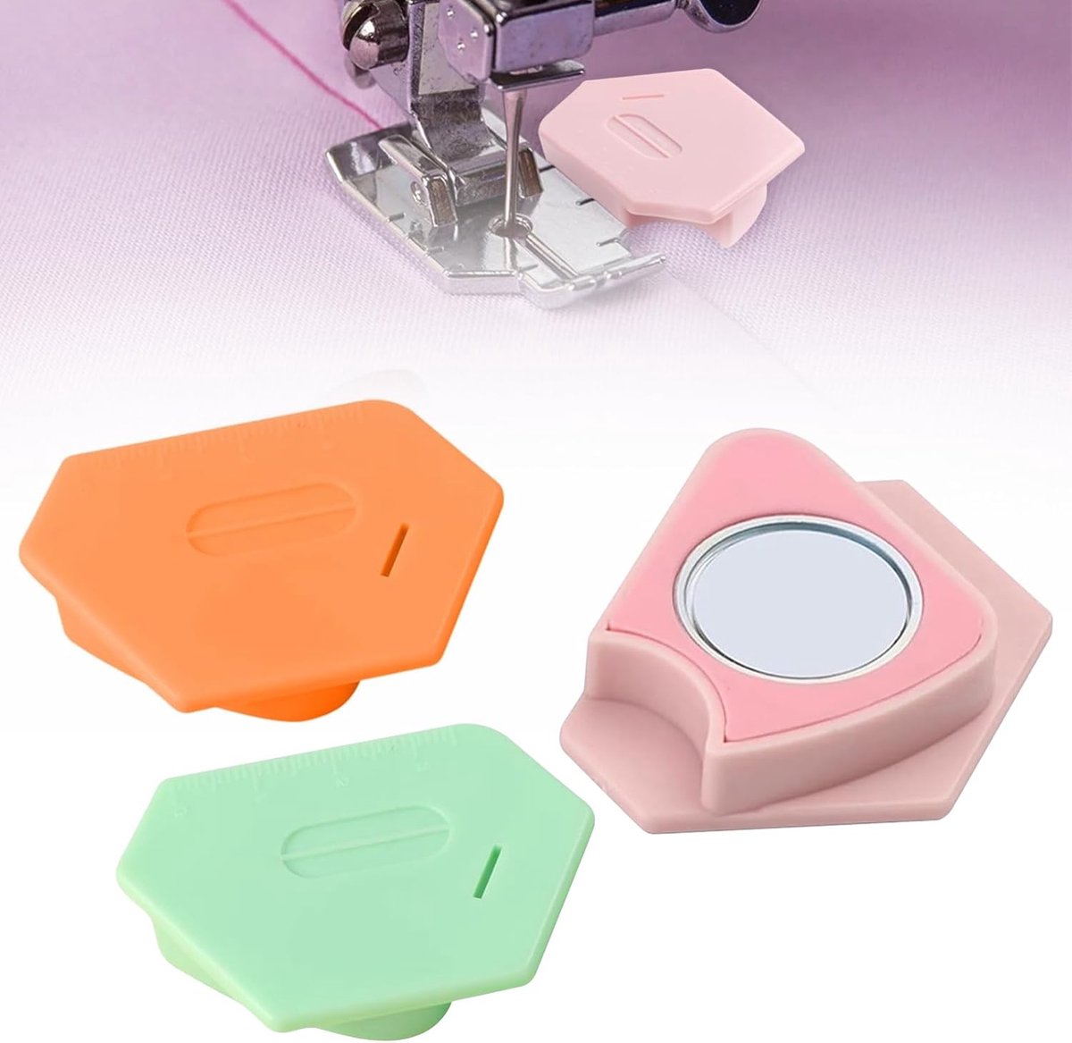 3 pieces - 6.7*4*1 cm - magnetic seam guide for sewing machine - multifunctional polygonal hem guide - with scale - universal sewing accessory for magnetic machine - sewing tools - sewing machine accessories - orange, pink, green - Image 1