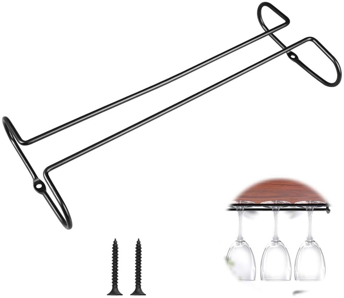 Wine glass holder - Glass hooks for shelf - Iron glass holder for glasses - Wall display holder - Hanging glass holders - Metal hanging glass holder - Display rack - hooks - for bars, wine cabinets, cupboards, kitchens, restaurants - 26*11.5 cm - black - Image 1