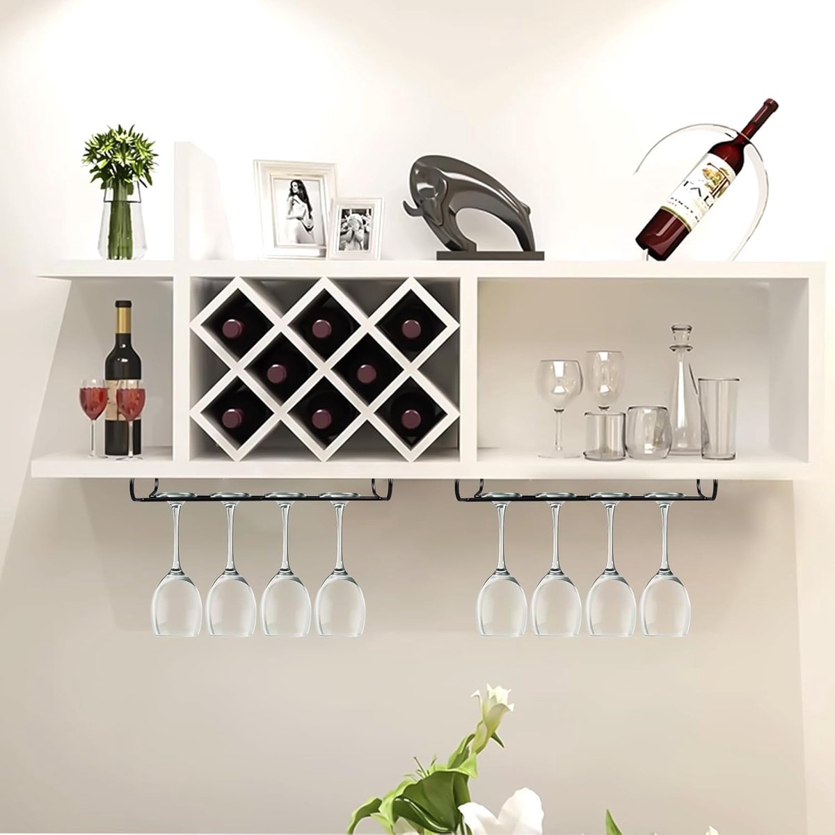 Wine glass holder - Glass hooks for shelf - Iron glass holder for glasses - Wall display holder - Hanging glass holders - Metal hanging glass holder - Display rack - hooks - for bars, wine cabinets, cupboards, kitchens, restaurants - 26*11.5 cm - black - Image 2