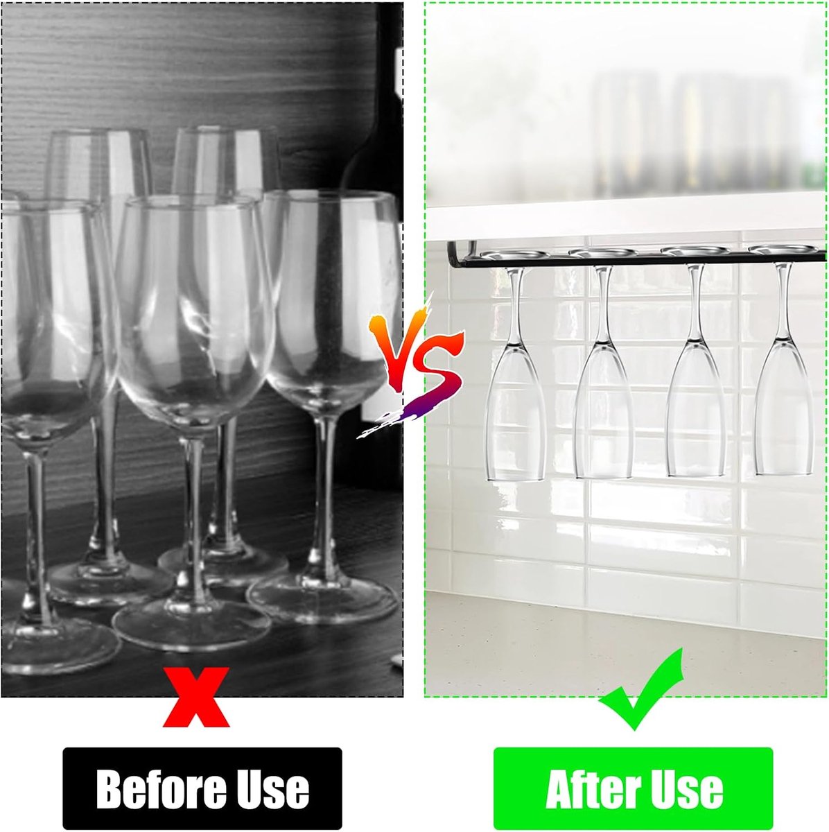 Wine glass holder - Glass hooks for shelf - Iron glass holder for glasses - Wall display holder - Hanging glass holders - Metal hanging glass holder - Display rack - hooks - for bars, wine cabinets, cupboards, kitchens, restaurants - 26*11.5 cm - black - Image 3