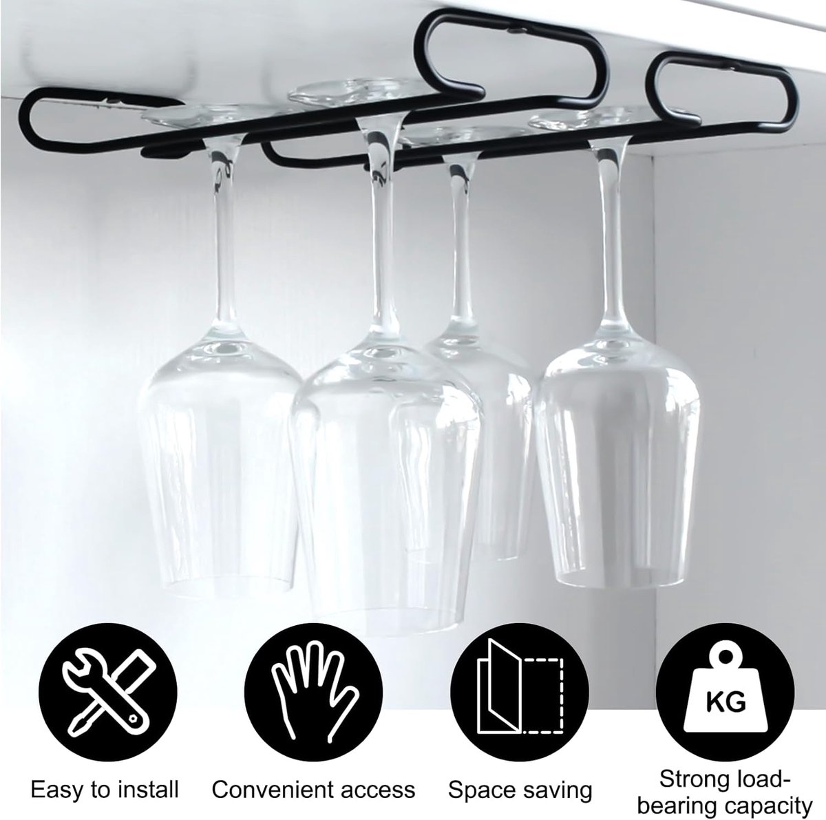 Wine glass holder - Glass hooks for shelf - Iron glass holder for glasses - Wall display holder - Hanging glass holders - Metal hanging glass holder - Display rack - hooks - for bars, wine cabinets, cupboards, kitchens, restaurants - 26*11.5 cm - black - Image 4