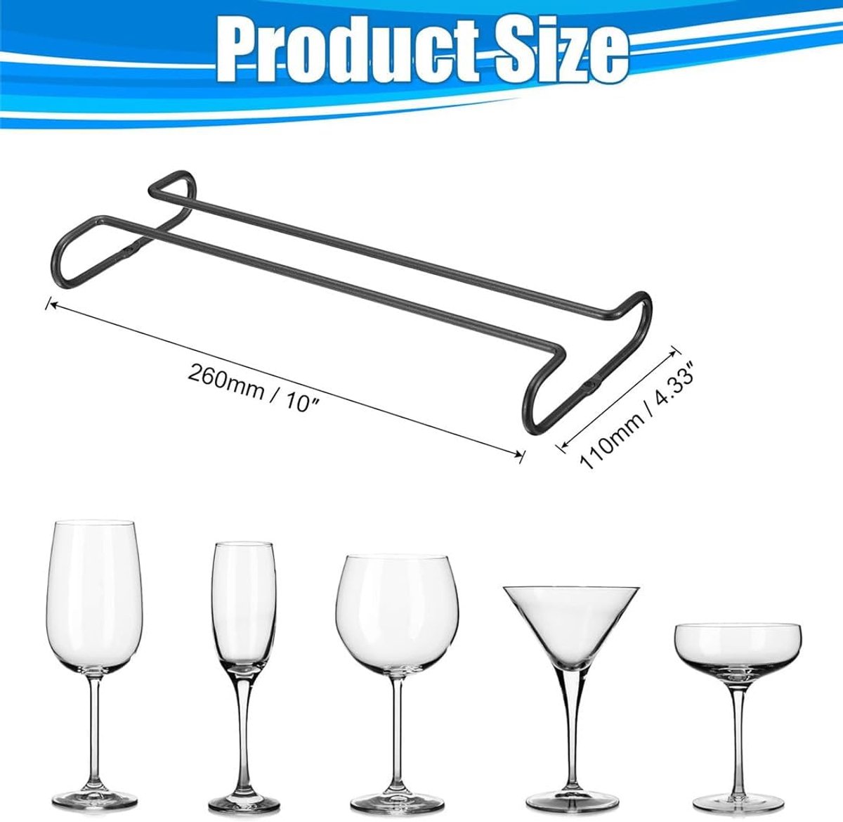 Wine glass holder - Glass hooks for shelf - Iron glass holder for glasses - Wall display holder - Hanging glass holders - Metal hanging glass holder - Display rack - hooks - for bars, wine cabinets, cupboards, kitchens, restaurants - 26*11.5 cm - black - Image 5