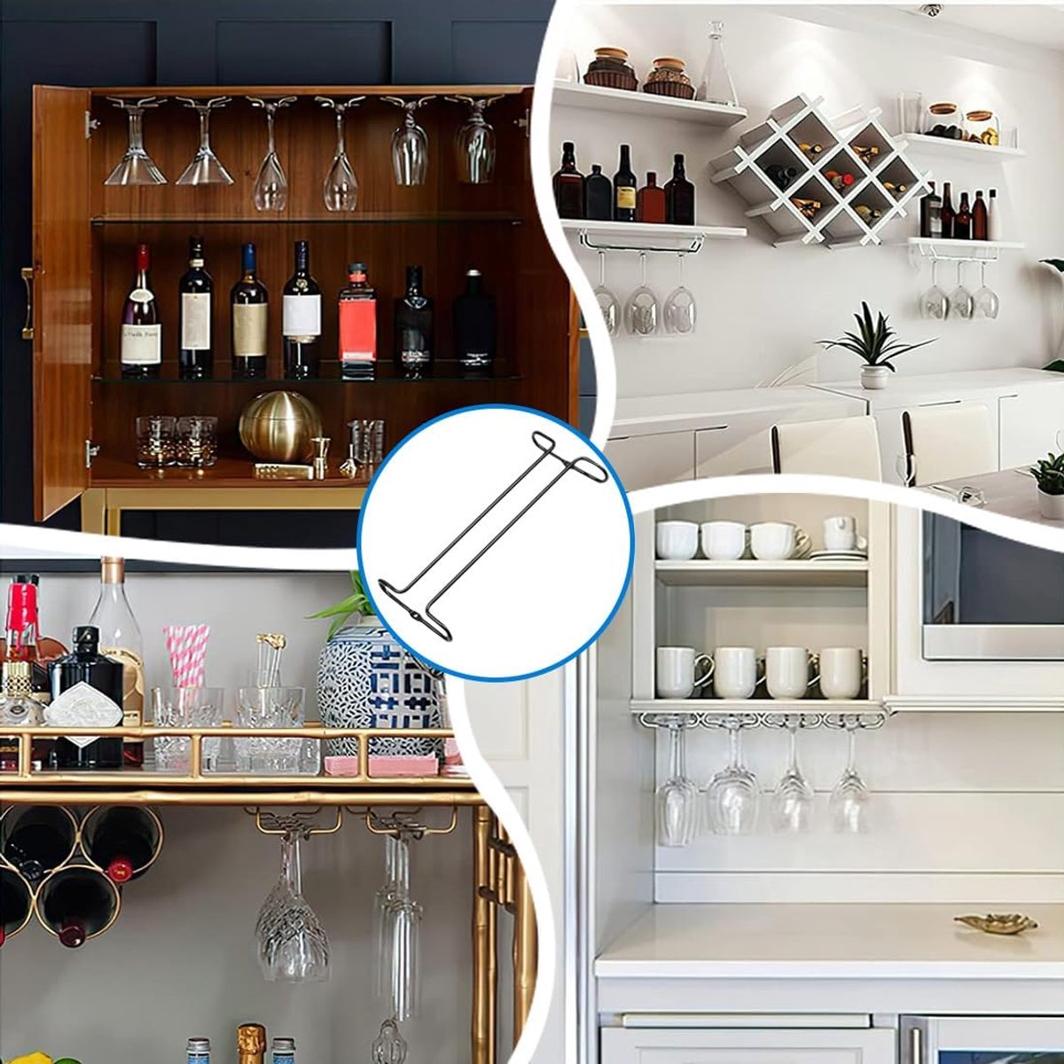 Wine glass holder - Glass hooks for shelf - Iron glass holder for glasses - Wall display holder - Hanging glass holders - Metal hanging glass holder - Display rack - hooks - for bars, wine cabinets, cupboards, kitchens, restaurants - 26*11.5 cm - black - Image 6