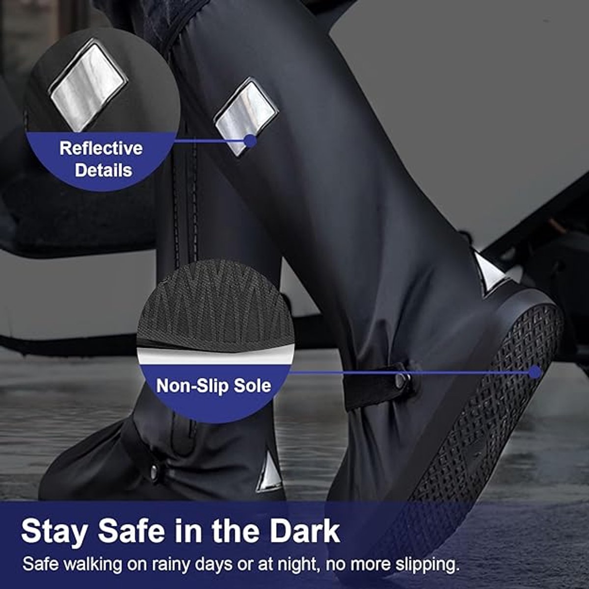 Waterproof overshoes - 1 pair - Overshoes - Rain shoe cover - Shoe covers - Rainproof - Rain boot covers - with zipper - with reflective strips - for rain, snow and mud - Sizes 37-39 - Size M - black - Image 4