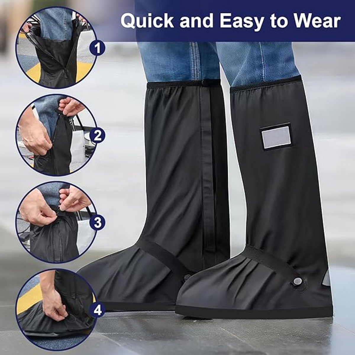 Waterproof overshoes - 1 pair - Overshoes - Rain shoe cover - Shoe covers - Rainproof - Rain boot covers - with zipper - with reflective strips - for rain, snow and mud - Sizes 37-39 - Size M - black - Image 6