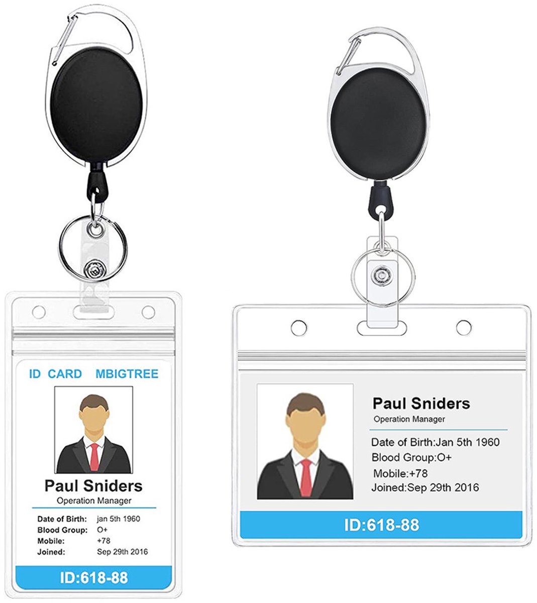 2 Pieces Heavy Duty Retractable Badge Holder - Extendable Keychains - D-Clip - with Carabiner - Waist Clip Drawstring - Badge Holder Drawstring - Retractable Reel ID Badge Card Holder - Vertical - Card Holder Drawstring - Clip ID Holder - Black/Silver - Image 1