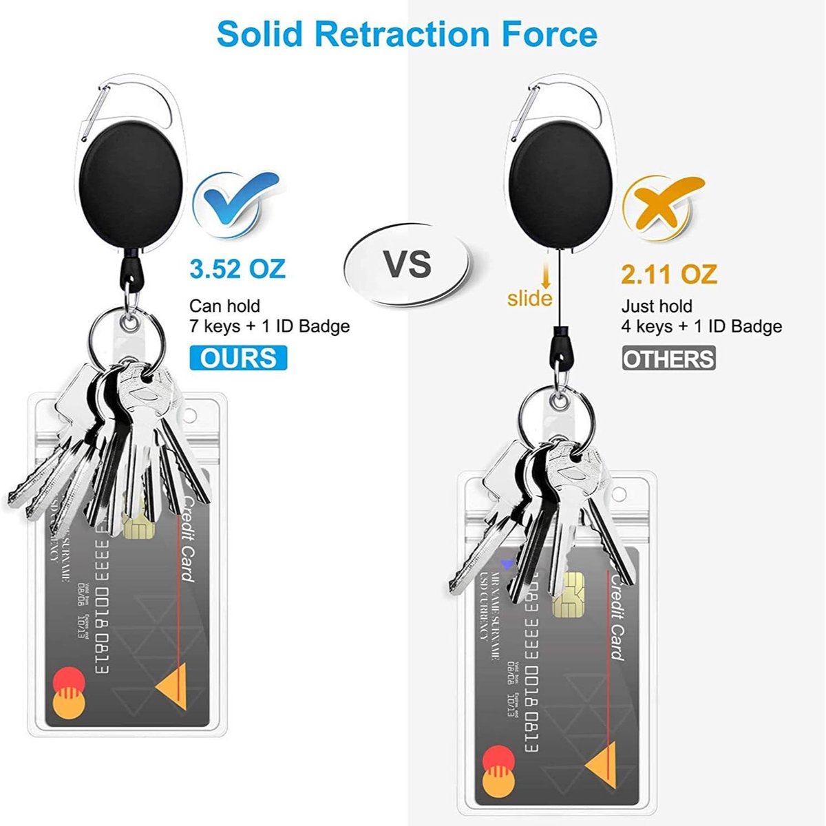 2 Pieces Heavy Duty Retractable Badge Holder - Extendable Keychains - D-Clip - with Carabiner - Waist Clip Drawstring - Badge Holder Drawstring - Retractable Reel ID Badge Card Holder - Vertical - Card Holder Drawstring - Clip ID Holder - Black/Silver - Image 2