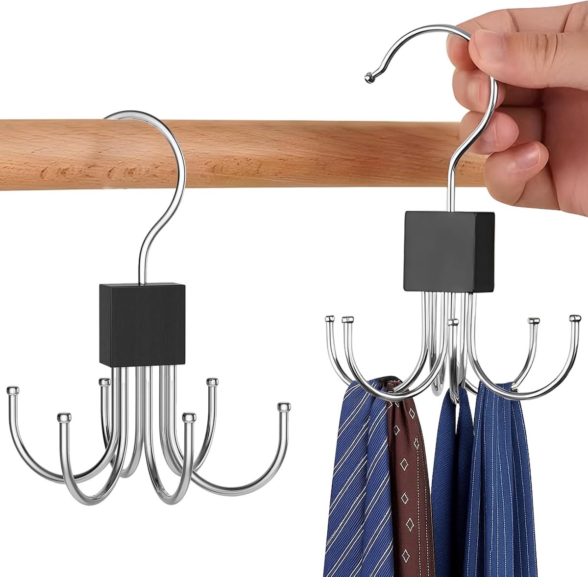 2 pieces - Belt Rack - Belt Organizer - Bra Hanger - Tank Top Hanger - Clothes Hanger - Clothes Hangers - 360° Rotating Metal - Bra Organizer - Storage Rack - with 6 Hooks - for belts, ties, tank tops, bras, scarves and handbags - 14*10 cm - Black - Image 1