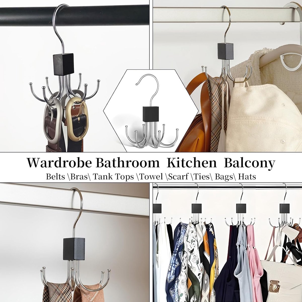 2 pieces - Belt Rack - Belt Organizer - Bra Hanger - Tank Top Hanger - Clothes Hanger - Clothes Hangers - 360° Rotating Metal - Bra Organizer - Storage Rack - with 6 Hooks - for belts, ties, tank tops, bras, scarves and handbags - 14*10 cm - Black - Image 3