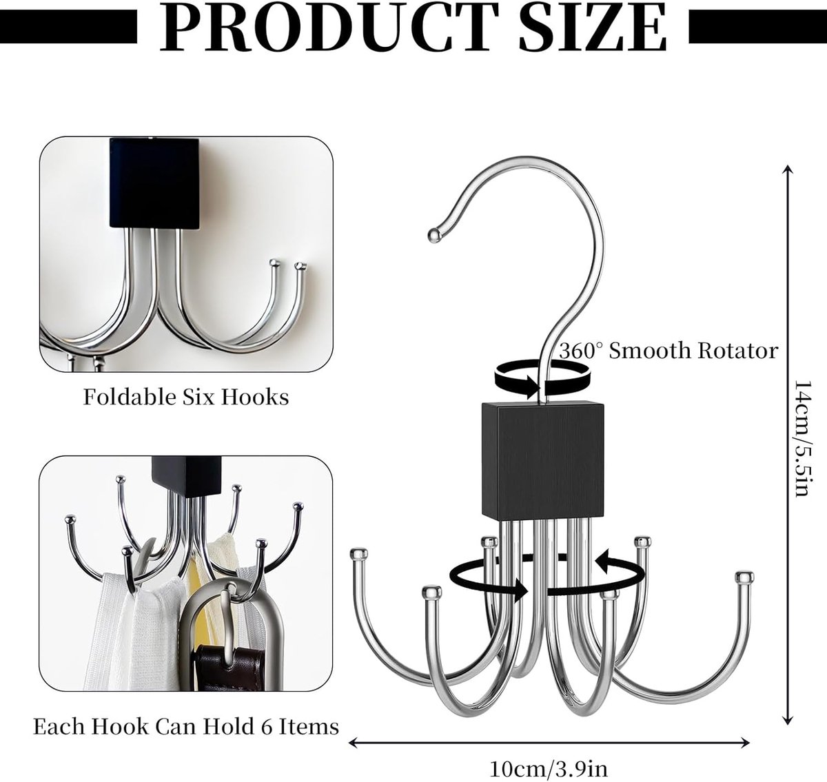 2 pieces - Belt Rack - Belt Organizer - Bra Hanger - Tank Top Hanger - Clothes Hanger - Clothes Hangers - 360° Rotating Metal - Bra Organizer - Storage Rack - with 6 Hooks - for belts, ties, tank tops, bras, scarves and handbags - 14*10 cm - Black - Image 5