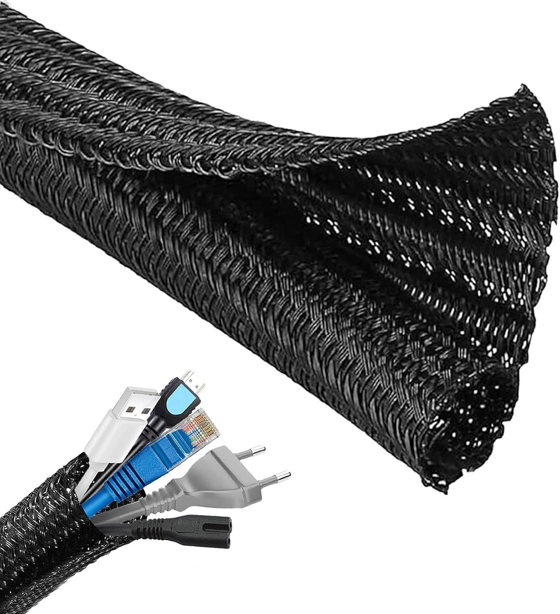 3m*13mm - cable protector - cable management - cable sleeve - black cable cover - cable management - cable cover for cable harness - braided cable cover - split and self-rolling cover - for USB cable, power cable, audio and video cable - black - Image 1