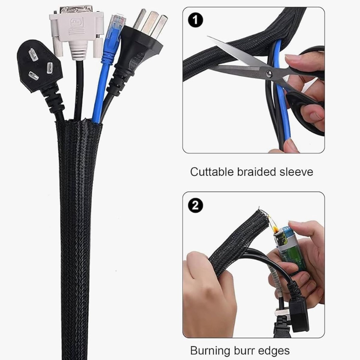 3m*13mm - cable protector - cable management - cable sleeve - black cable cover - cable management - cable cover for cable harness - braided cable cover - split and self-rolling cover - for USB cable, power cable, audio and video cable - black - Image 3