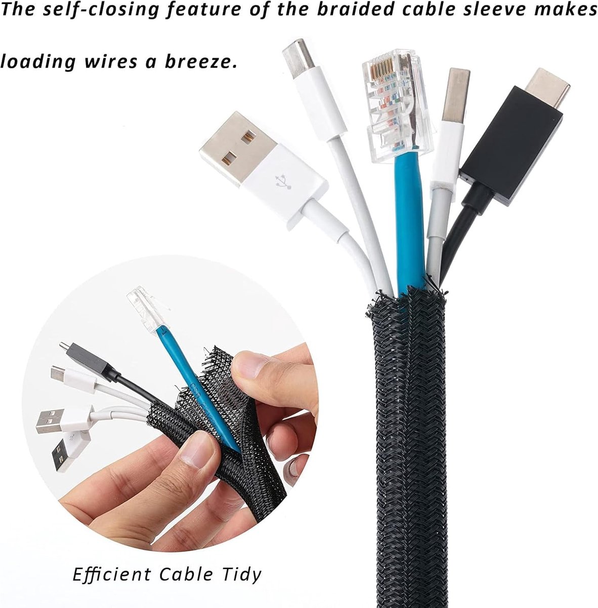 3m*13mm - cable protector - cable management - cable sleeve - black cable cover - cable management - cable cover for cable harness - braided cable cover - split and self-rolling cover - for USB cable, power cable, audio and video cable - black - Image 6