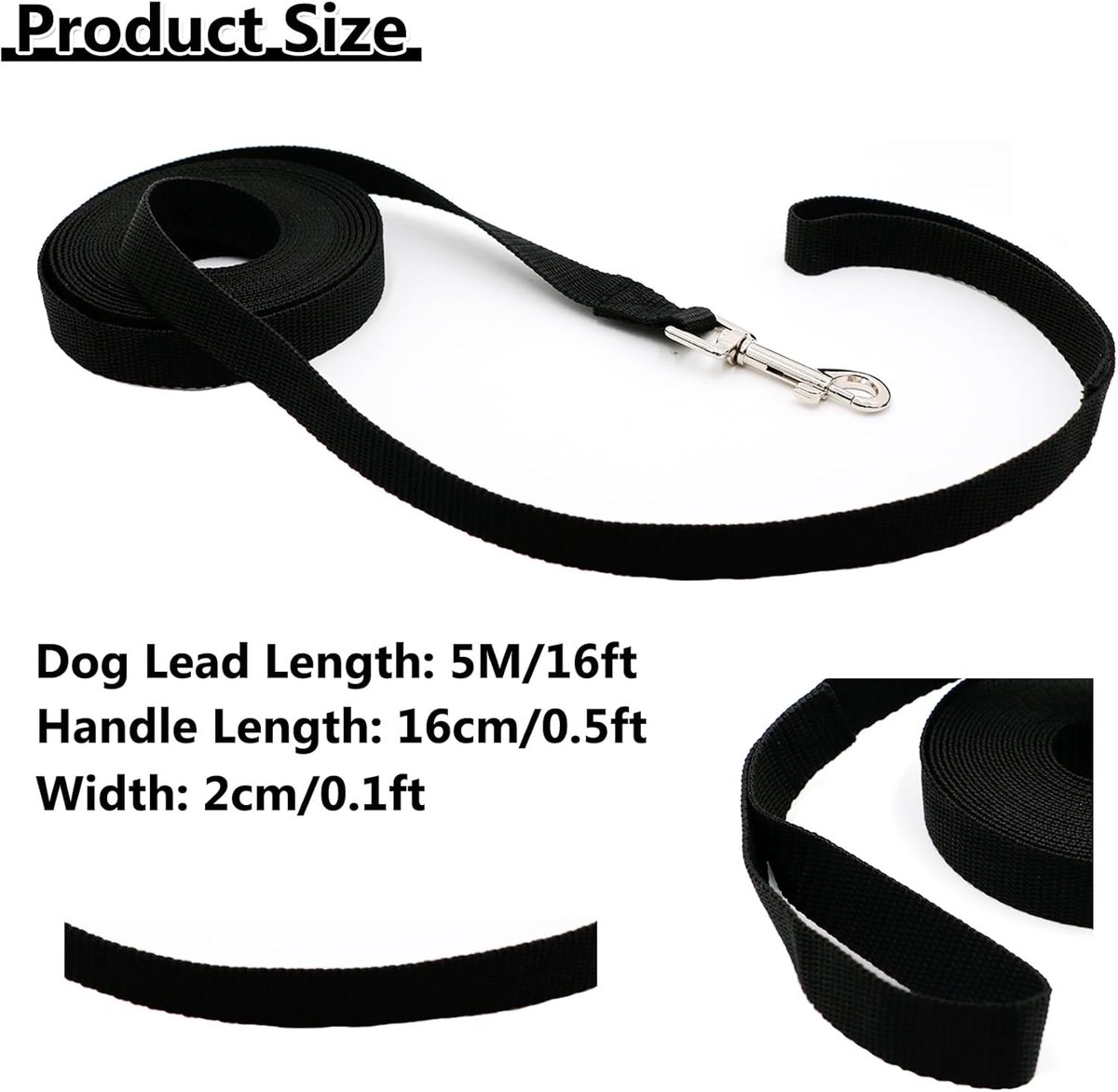 5m*2cm - Dog Leash - Dog Training Leash - Pet Leash - Waterproof - With wrist strap and 360° carabiner - long leash - leash - robust - Pet Supplies - for medium and large dogs - for obedience training - black - Image 2