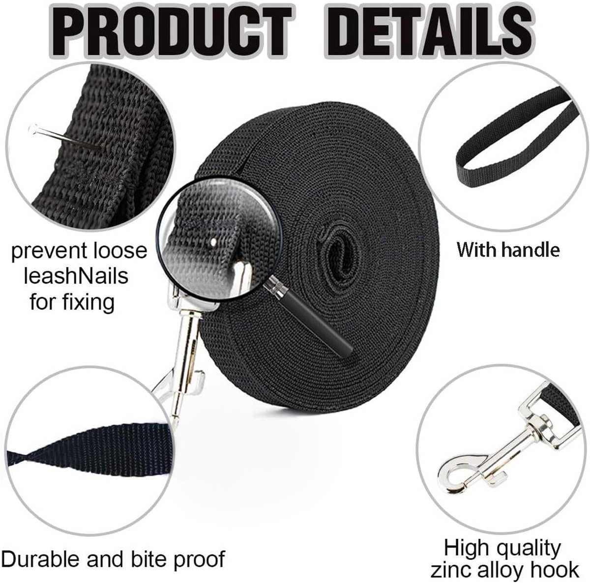 5m*2cm - Dog Leash - Dog Training Leash - Pet Leash - Waterproof - With wrist strap and 360° carabiner - long leash - leash - robust - Pet Supplies - for medium and large dogs - for obedience training - black - Image 3