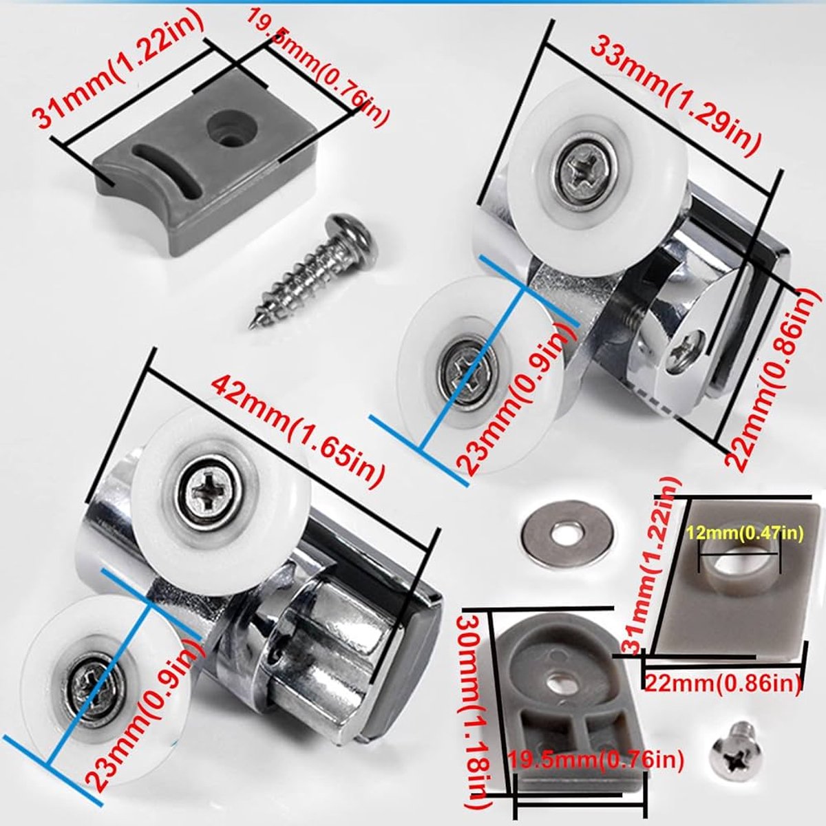 Double zinc alloy shower door roller - set of 4 - suitable for glass - Image 3