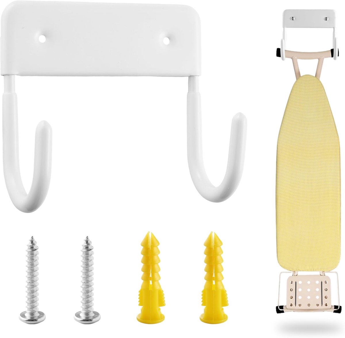 Ironing board holder - Ironing board hanging system - Hook for ironing board - Wall-mounted ironing board holder - Ironing board organizer - Hook - Storage hooks - wall hooks - tool hooks - for laundry rooms, garages and storage rooms - 12*11*6 cm - white - Image 1