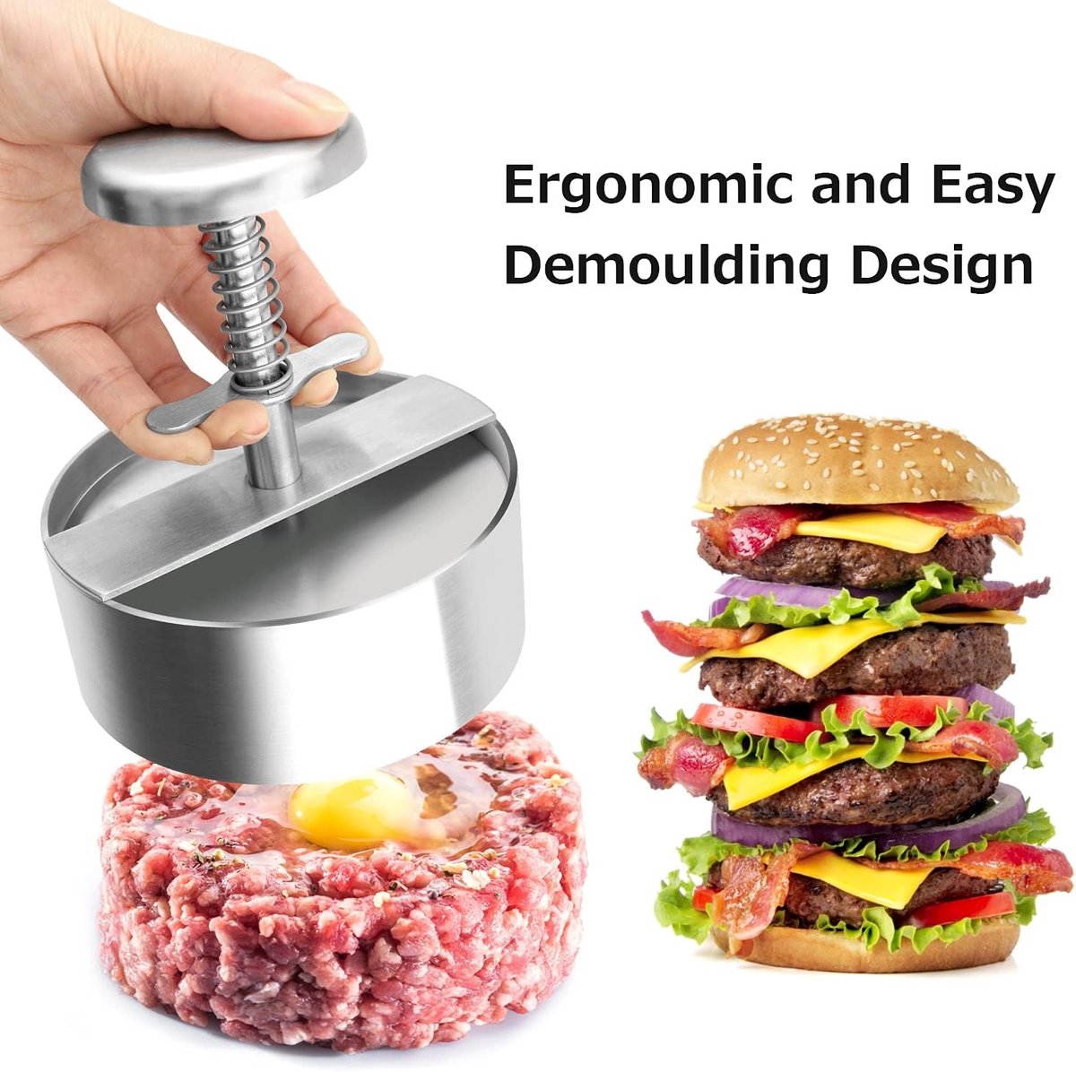 Hamburger Press - Burger Makers - with Scale Markings - 11.5*11.5*14 cm - Burger Press - Adjustable - Stainless Steel Hamburger Patty Maker - Non-Stick Burger Maker - Cookware - for Veggie, Meat, Beef, Pork, Lamb, Cheese, BBQ, Barbecue Grill - Image 6