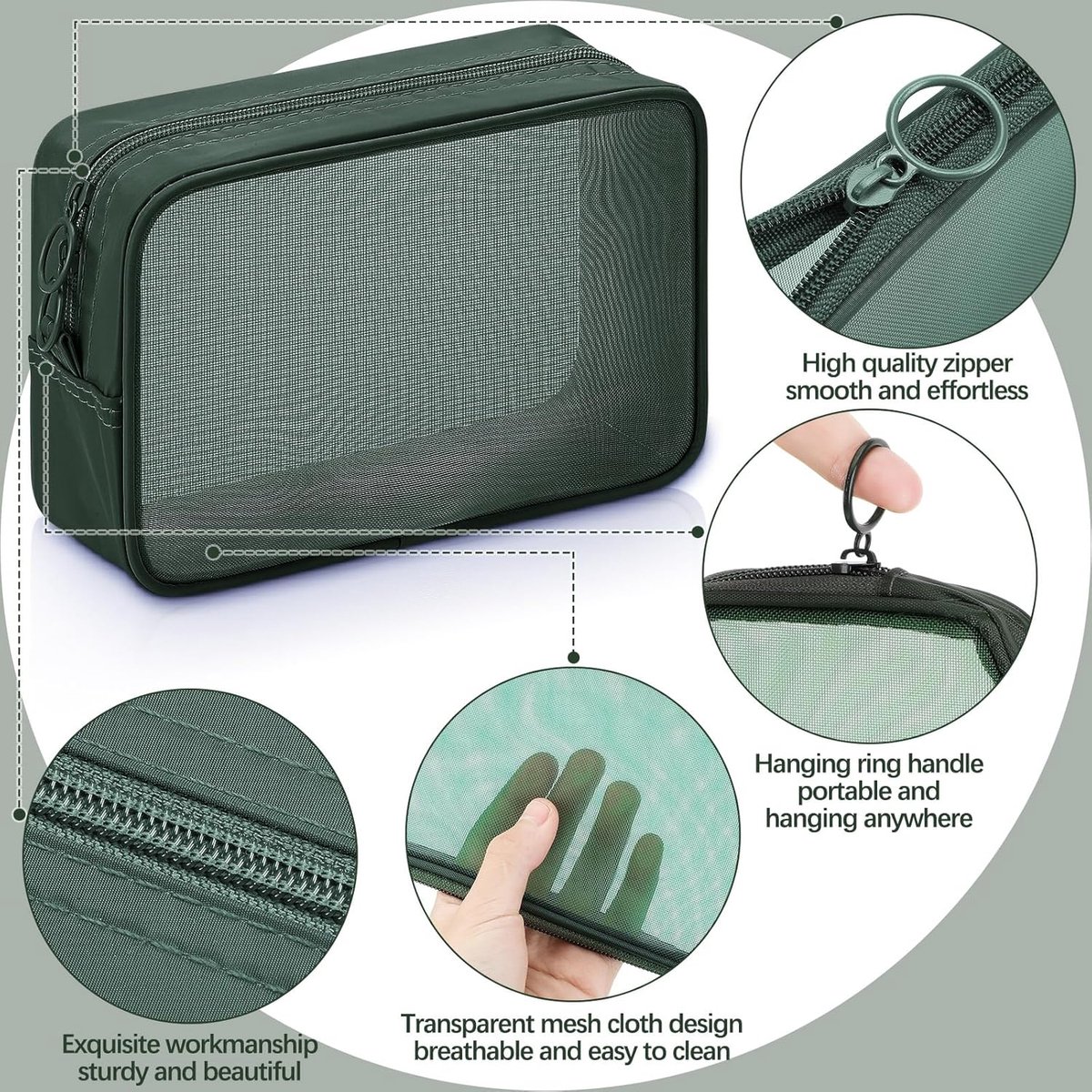 pieces - Cosmetic bag - Travel toiletry bag - Storage bag - mesh cosmetic bag - travel bag with zipper - mini makeup bag - for daily accessories - for travel and daily use - small, large, medium - olive green - Image 3