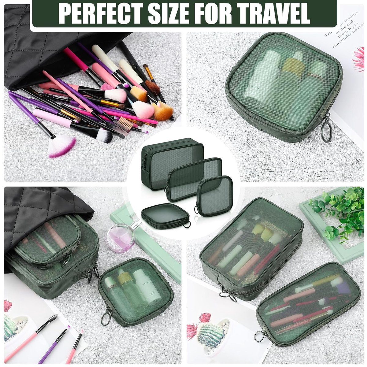 pieces - Cosmetic bag - Travel toiletry bag - Storage bag - mesh cosmetic bag - travel bag with zipper - mini makeup bag - for daily accessories - for travel and daily use - small, large, medium - olive green - Image 4