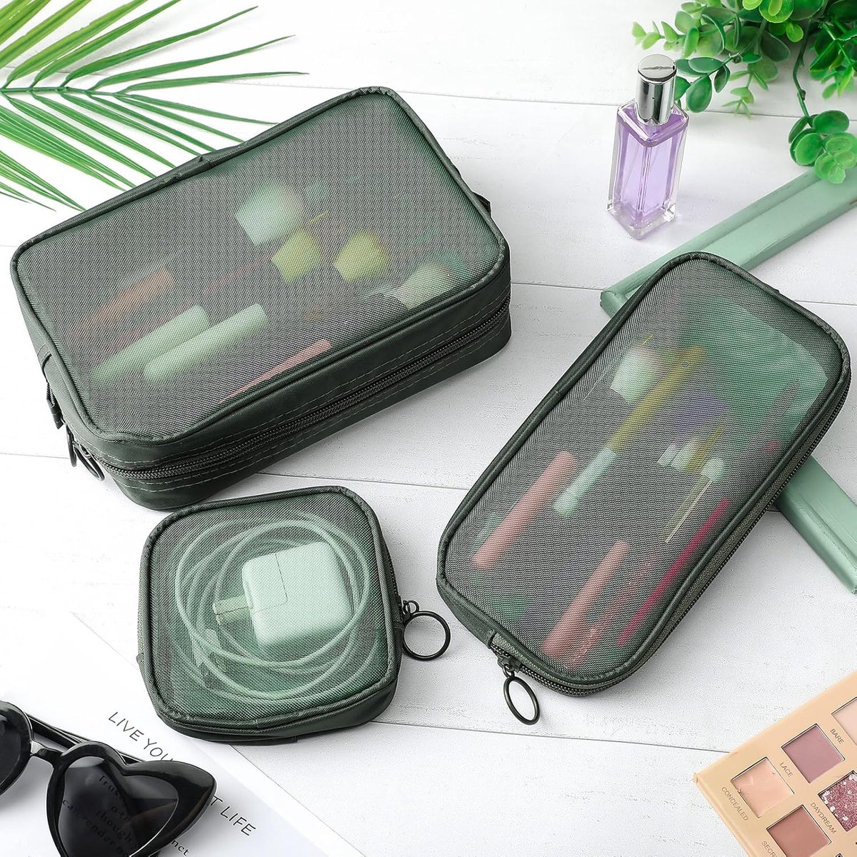 pieces - Cosmetic bag - Travel toiletry bag - Storage bag - mesh cosmetic bag - travel bag with zipper - mini makeup bag - for daily accessories - for travel and daily use - small, large, medium - olive green - Image 5