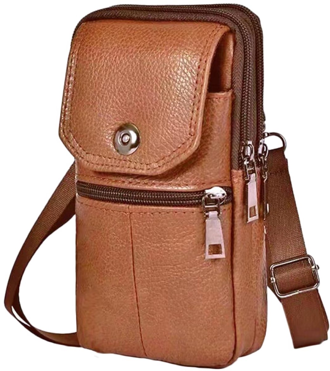 Leather Belt Bag - with Shoulder Strap - Leather Phone Waist Bag - Standing Small Belt Bag - Belt Bag - Men's Leather Shoulder Bag - Phone Holder - Vertical Phone Holder - Waist Belt - Smartphone Bag - Organizer - Waist Bag - Wallet - Shoulder Bag - Yello - Image 1
