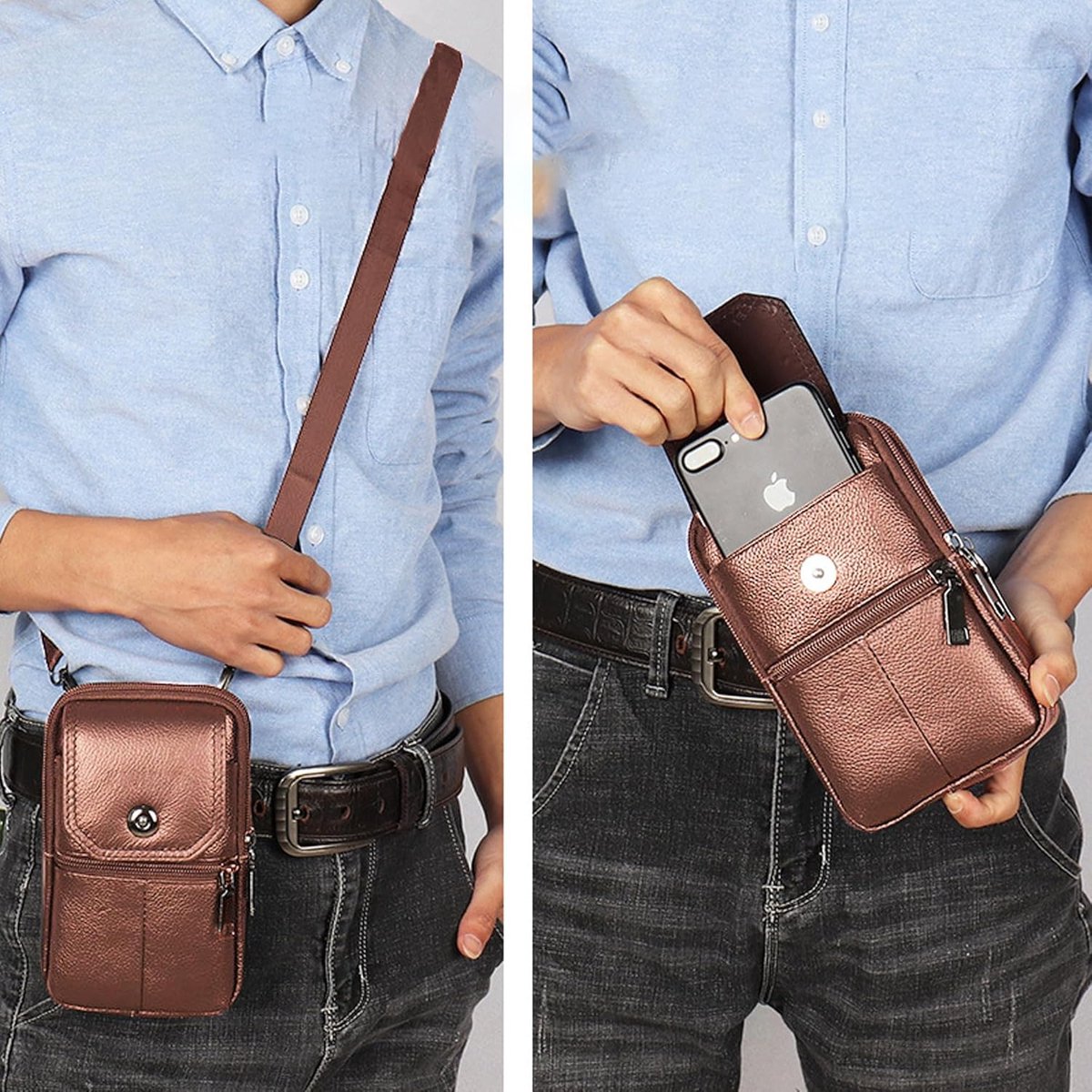 Leather Belt Bag - with Shoulder Strap - Leather Phone Waist Bag - Standing Small Belt Bag - Belt Bag - Men's Leather Shoulder Bag - Phone Holder - Vertical Phone Holder - Waist Belt - Smartphone Bag - Organizer - Waist Bag - Wallet - Shoulder Bag - Yello - Image 4