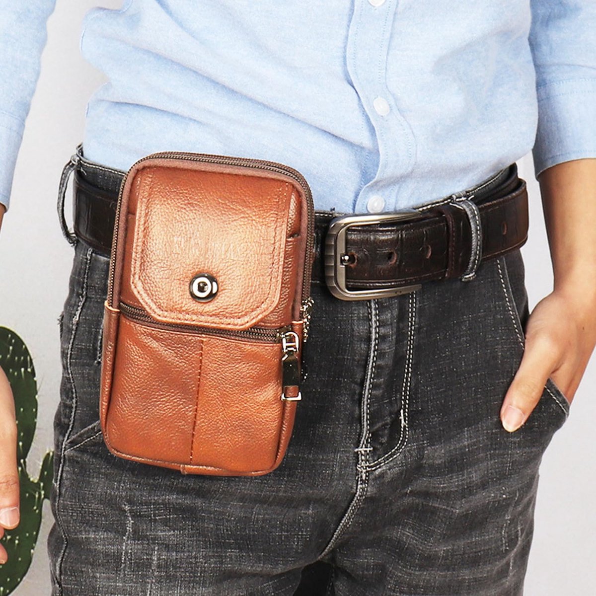 Leather Belt Bag - with Shoulder Strap - Leather Phone Waist Bag - Standing Small Belt Bag - Belt Bag - Men's Leather Shoulder Bag - Phone Holder - Vertical Phone Holder - Waist Belt - Smartphone Bag - Organizer - Waist Bag - Wallet - Shoulder Bag - Yello - Image 6
