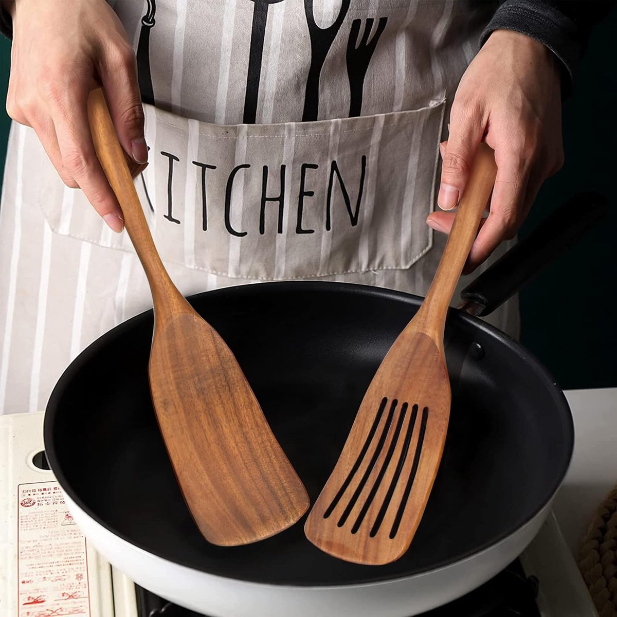 2 pieces - 33*6.5 cm - wooden spatulas - cooking utensil set - wok spatulas - spatula - kitchen utensils - flat wok pancake spatula - kitchen accessories - non-stick pan - brown - Image 4