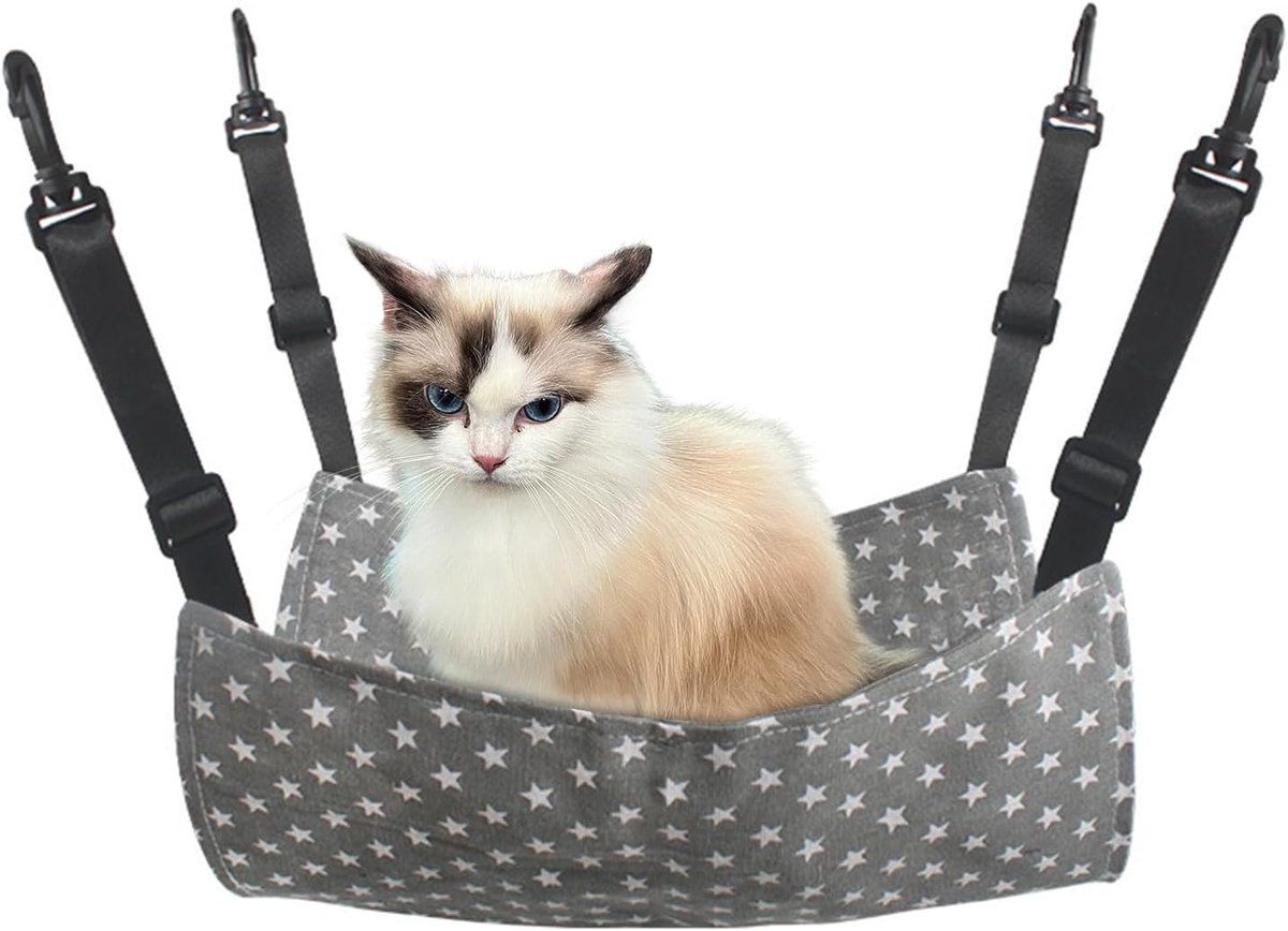 Cat Hammock - Hammock for cats - hanging pet bed - hammock for pets - with hooks - for Kittens, Puppies and Small Pets - Adjustable Straps - Pet Swing - cat bed - for cages and gardens - 53*35 cm - grey stars - Image 1