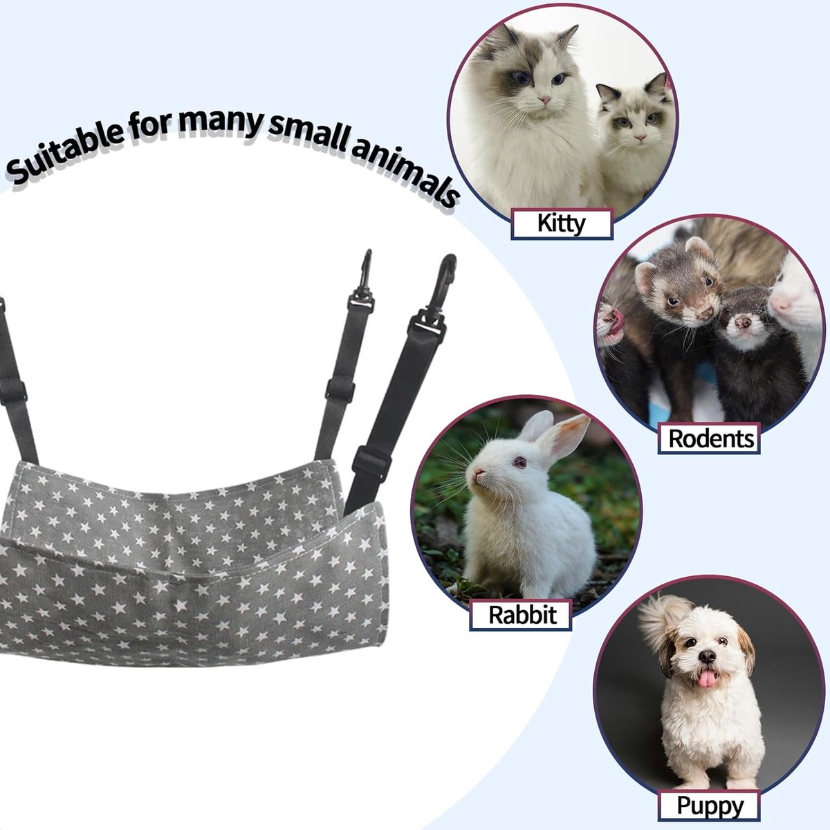 Cat Hammock - Hammock for cats - hanging pet bed - hammock for pets - with hooks - for Kittens, Puppies and Small Pets - Adjustable Straps - Pet Swing - cat bed - for cages and gardens - 53*35 cm - grey stars - Image 2