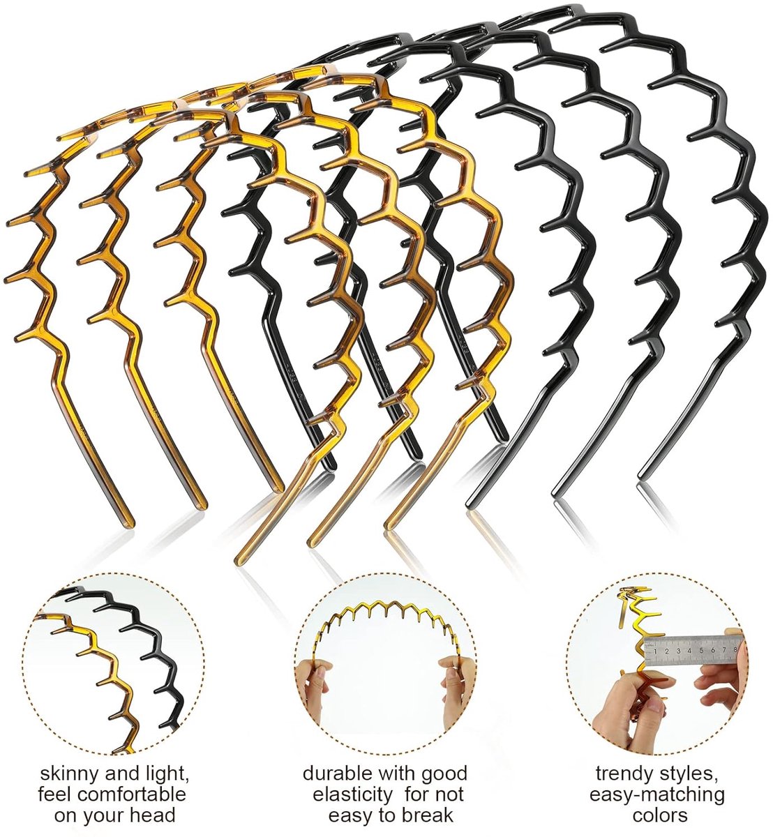 Pieces Zigzag Headbands - Women's Hairbands - for thick curly hair - plastic shark tooth combs - Hair Accessories - sawtooth headbands - plastic wavy tooth headbands - for men and women - black, brown - Image 3