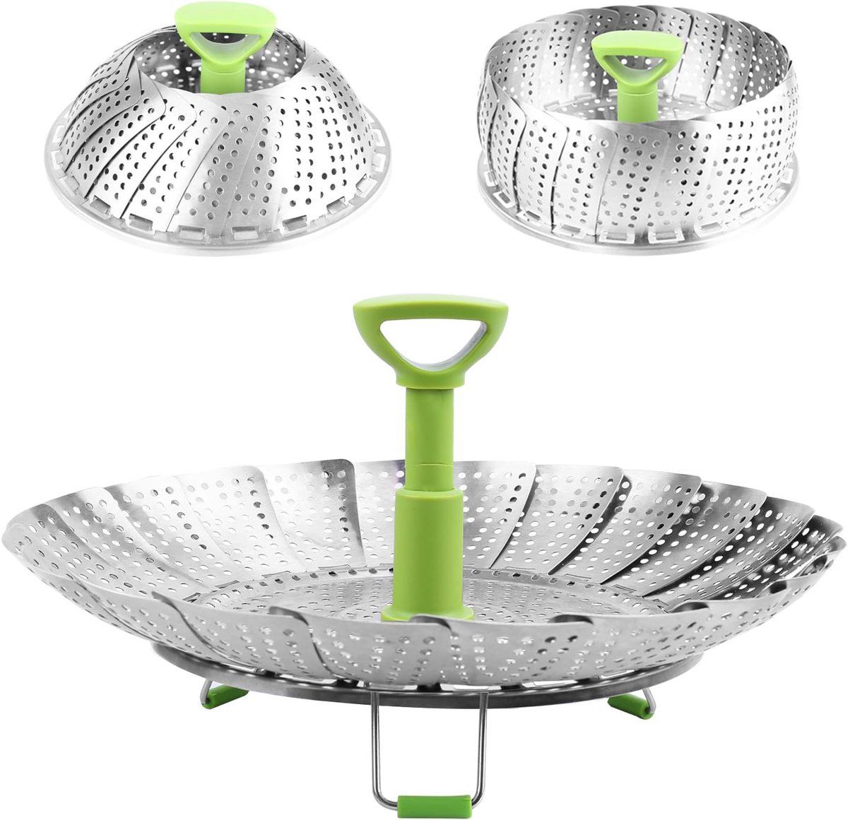 Vegetable steamer - Steamer basket - Stainless steel steamer - Fits all pans - Retractable - Adjustable - Foldable steam liner - With telescopic handle - silver - Image 1