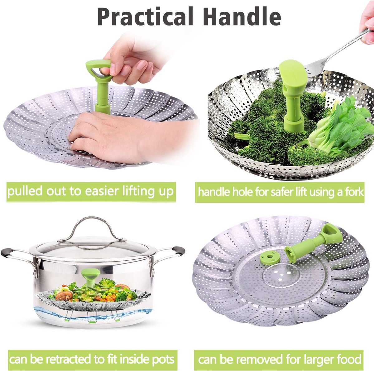 Vegetable steamer - Steamer basket - Stainless steel steamer - Fits all pans - Retractable - Adjustable - Foldable steam liner - With telescopic handle - silver - Image 2