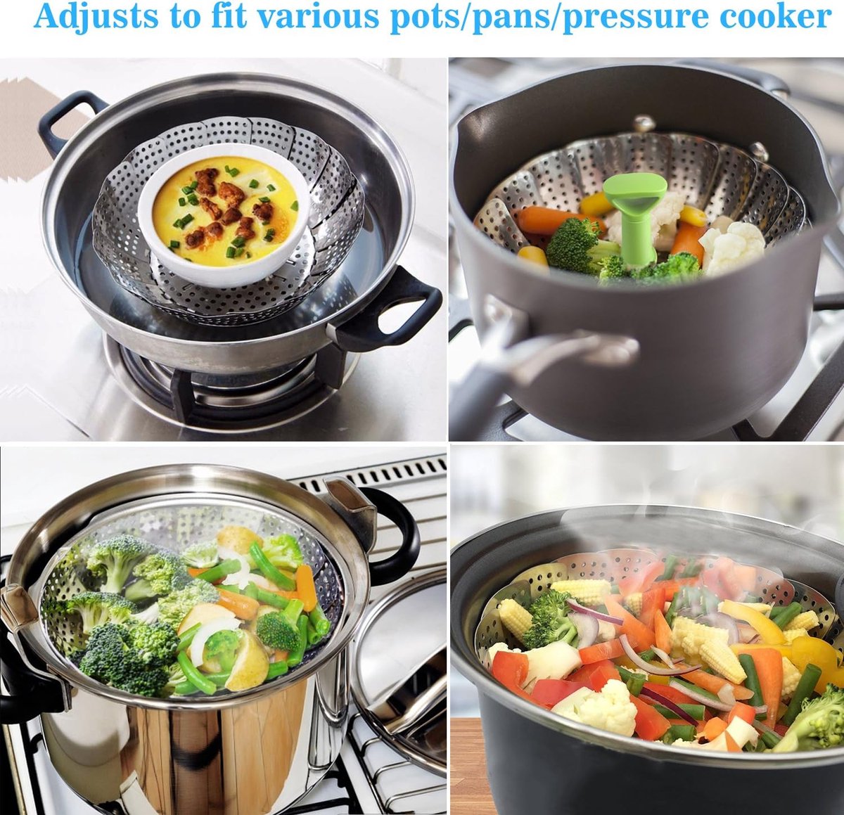 Vegetable steamer - Steamer basket - Stainless steel steamer - Fits all pans - Retractable - Adjustable - Foldable steam liner - With telescopic handle - silver - Image 3