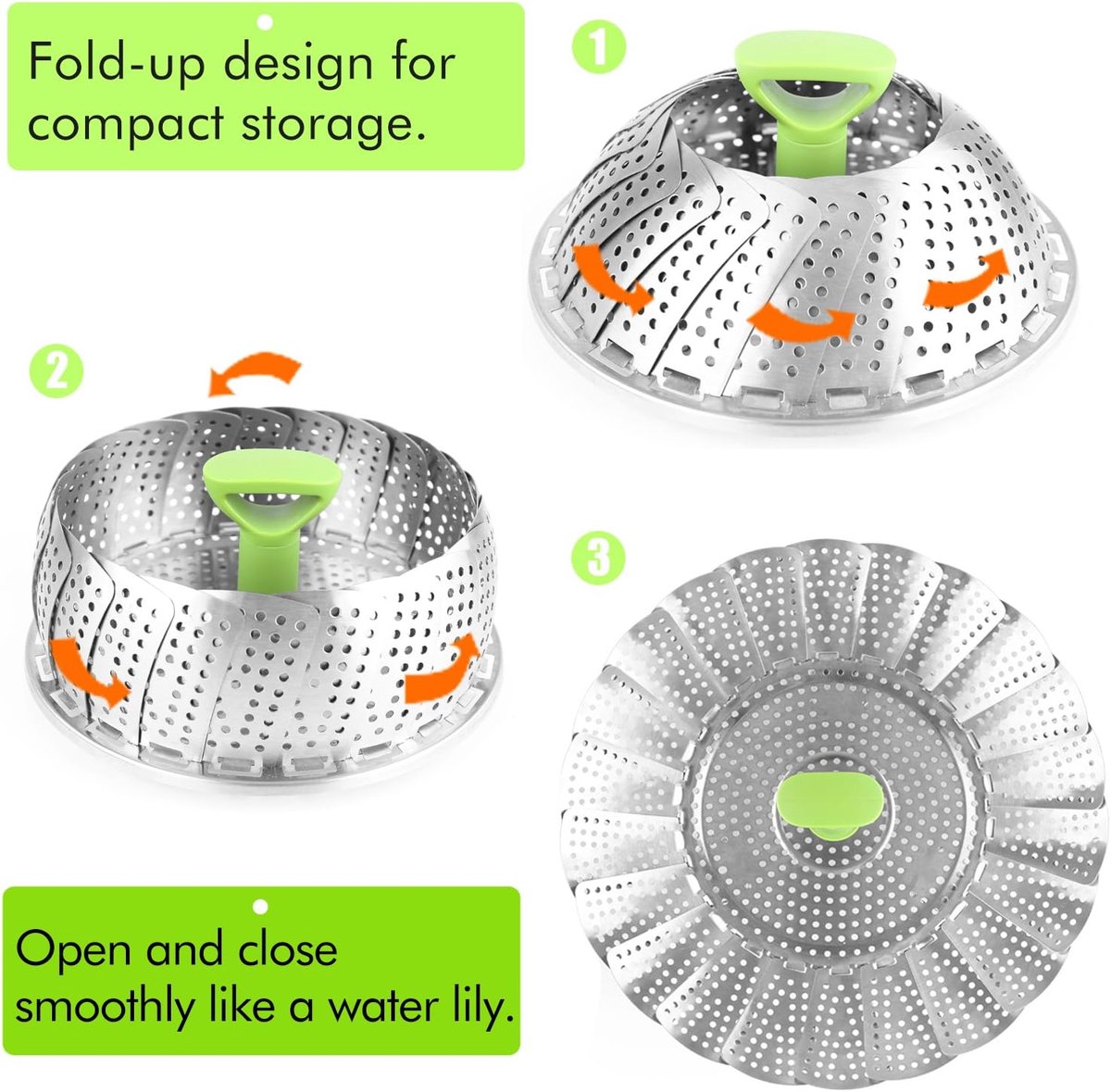 Vegetable steamer - Steamer basket - Stainless steel steamer - Fits all pans - Retractable - Adjustable - Foldable steam liner - With telescopic handle - silver - Image 4