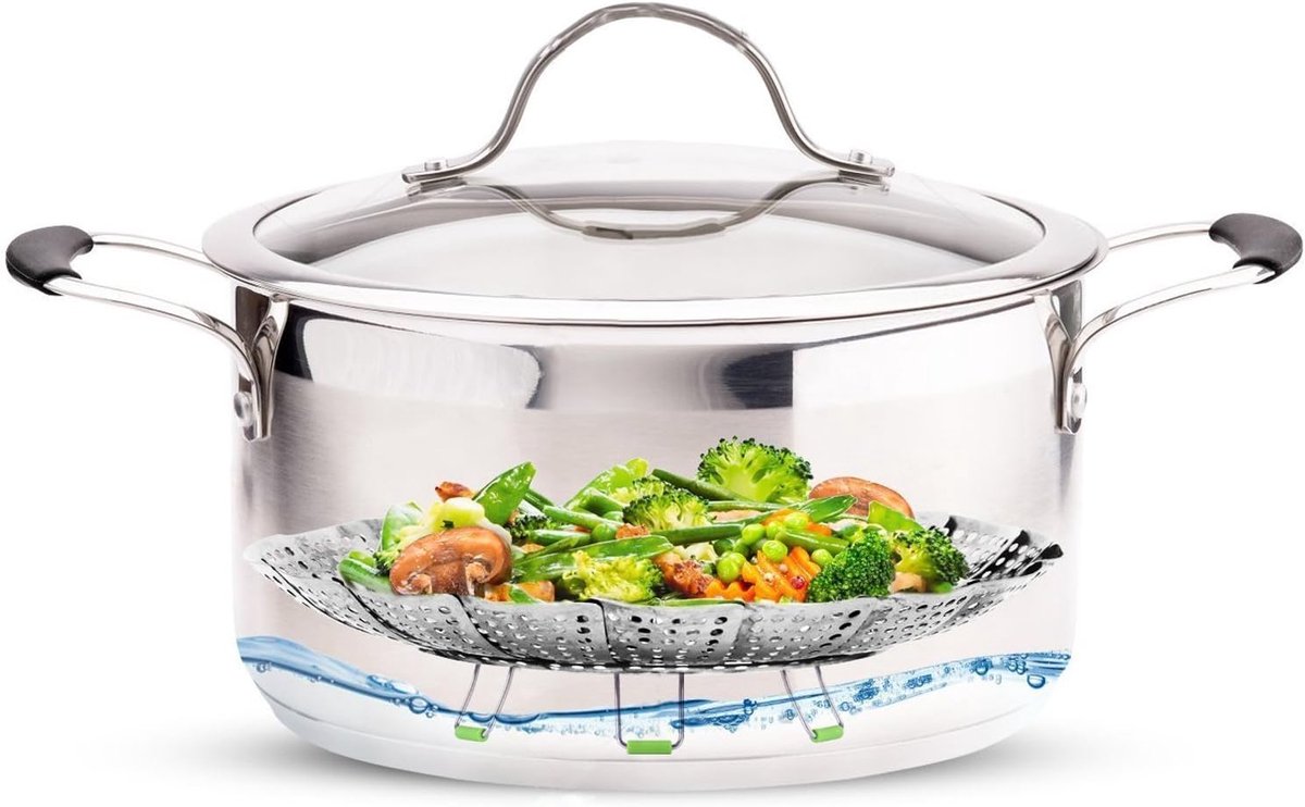Vegetable steamer - Steamer basket - Stainless steel steamer - Fits all pans - Retractable - Adjustable - Foldable steam liner - With telescopic handle - silver - Image 6