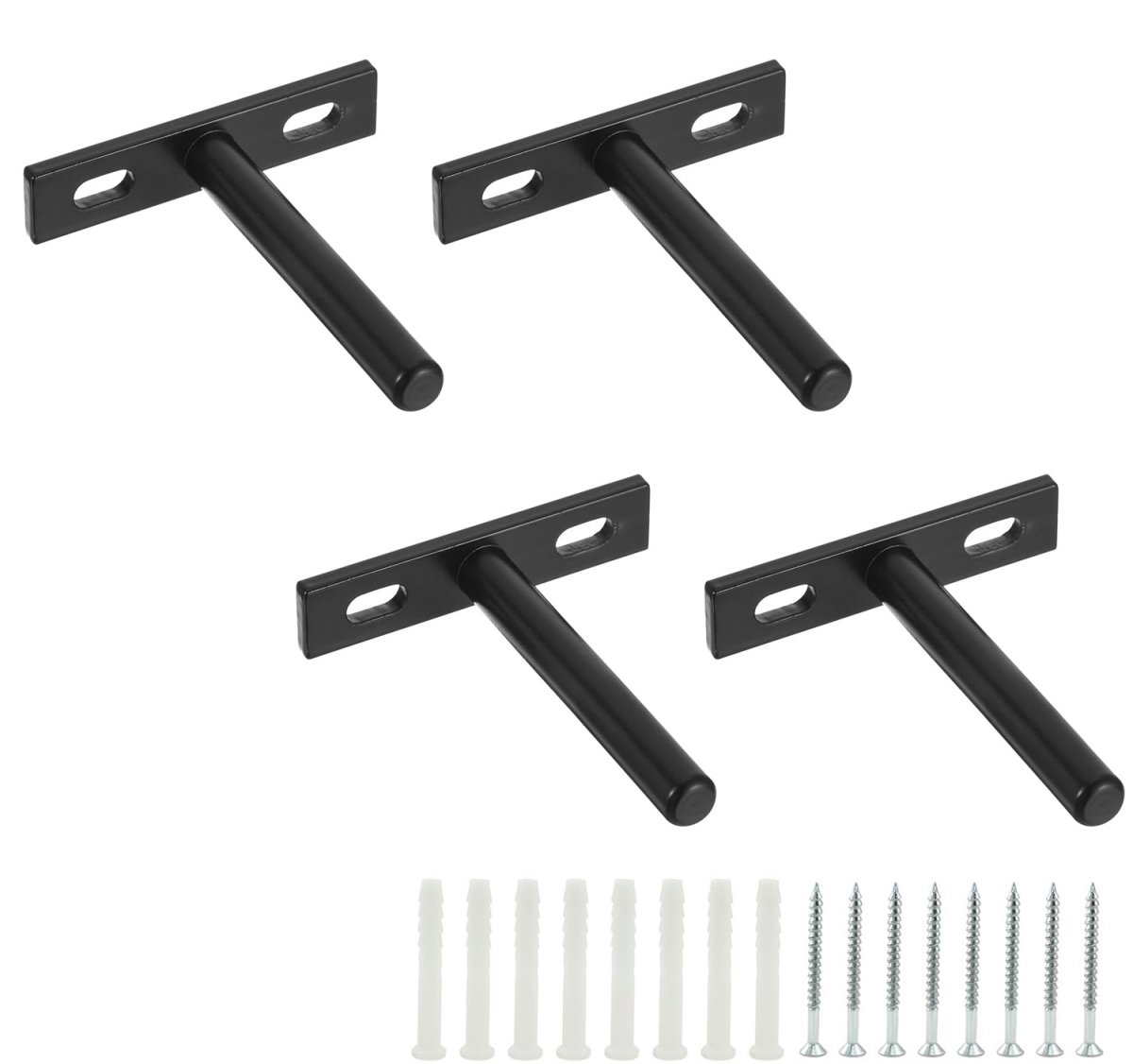 4 pieces - concealed floating shelf brackets - 3 inch - silver - shelves - floating shelf support brackets - steel - wall mounting - screws and plugs included - T-brackets for shelves - for floating wooden shelves - black - 76 mm - Image 1