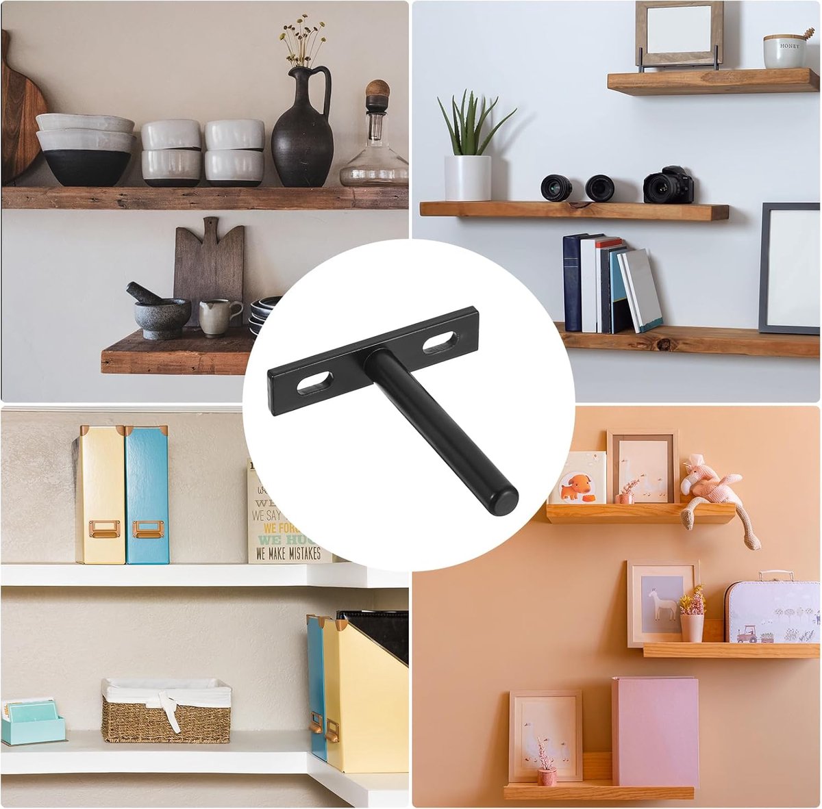 4 pieces - concealed floating shelf brackets - 3 inch - silver - shelves - floating shelf support brackets - steel - wall mounting - screws and plugs included - T-brackets for shelves - for floating wooden shelves - black - 76 mm - Image 4