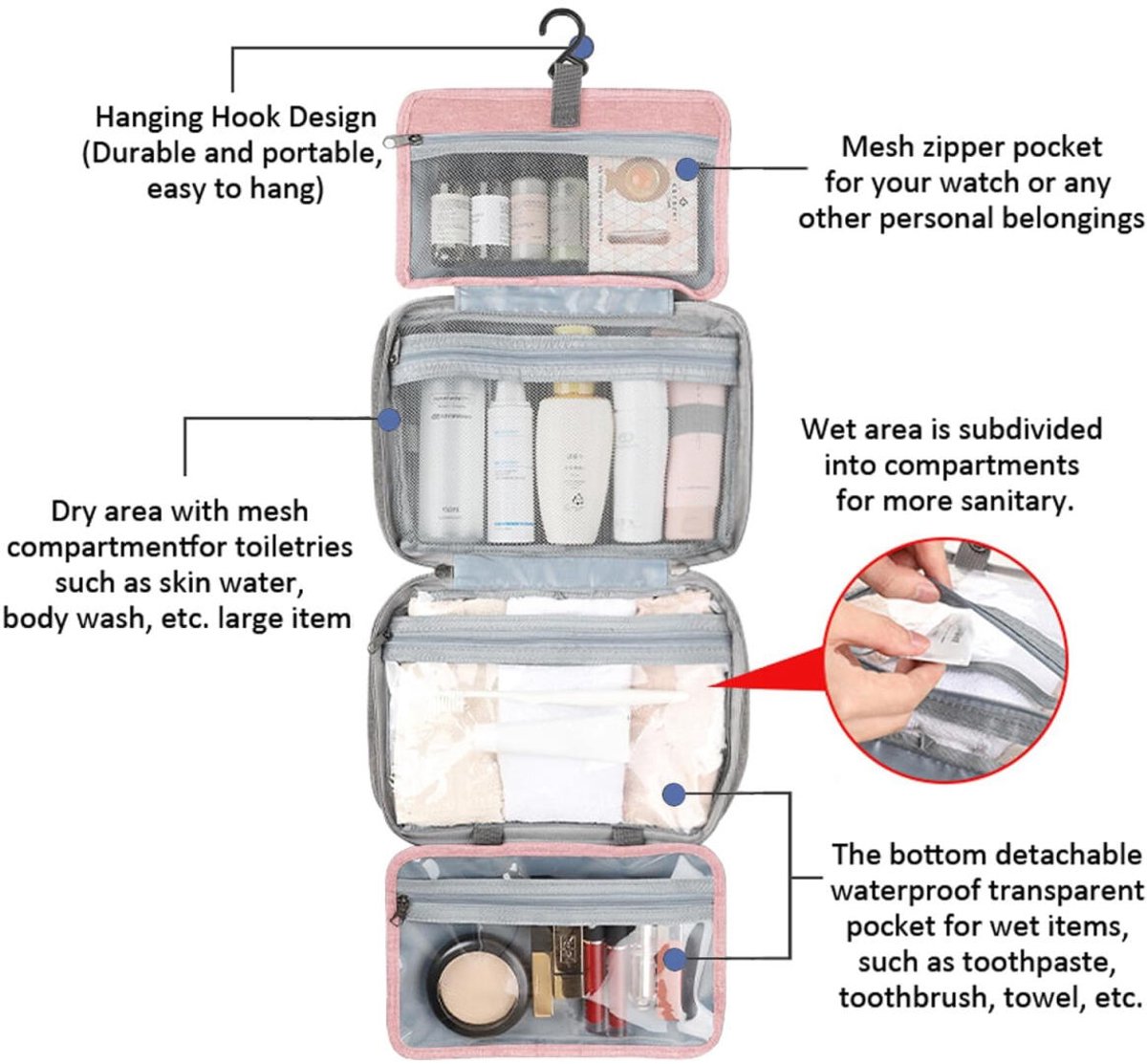 Toiletry bag - Portable hanging toiletry bag - foldable travel toiletry bag - large foldable travel bag - travel makeup bag - storage bag - with 4 compartments - waterproof toiletry bag - unisex - for vacation, shower, camping and travel - 27*18*8 cm - pi - Image 5