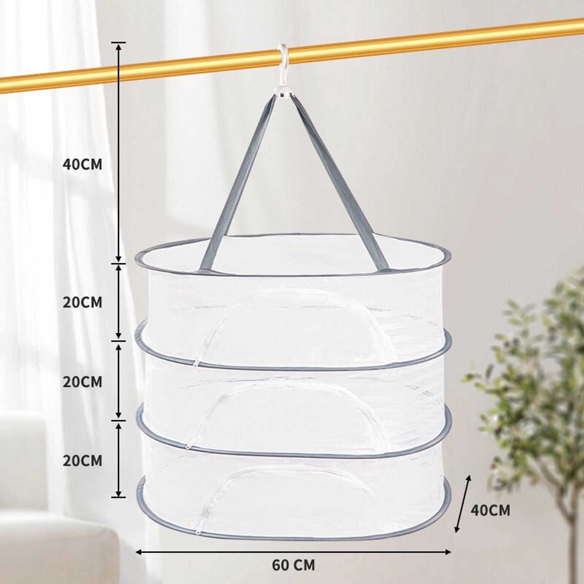 Herb Drying Rack - 40*60cm - 3-tier hanging herb drying net - Drying rack - Drying net - food drying net - hanging mesh net - plant drying rack - with zippers - foldable drying net - for buds, meat, herbs, vegetables, plants, fruit, clothing - white - Image 1