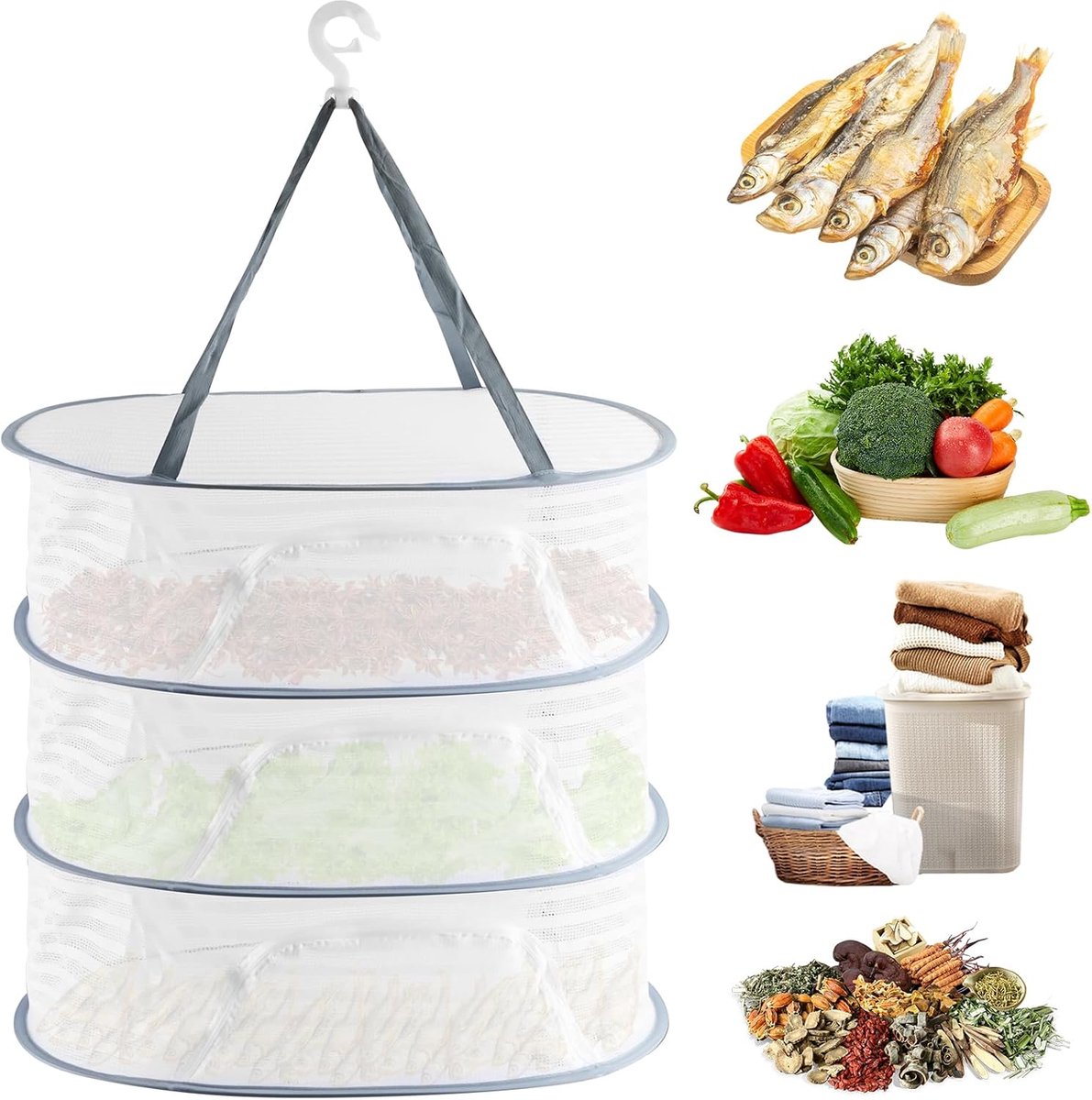 Herb Drying Rack - 40*60cm - 3-tier hanging herb drying net - Drying rack - Drying net - food drying net - hanging mesh net - plant drying rack - with zippers - foldable drying net - for buds, meat, herbs, vegetables, plants, fruit, clothing - white - Image 2