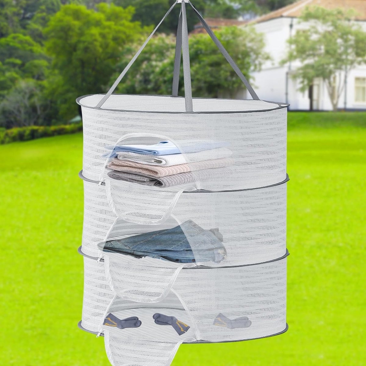 Herb Drying Rack - 40*60cm - 3-tier hanging herb drying net - Drying rack - Drying net - food drying net - hanging mesh net - plant drying rack - with zippers - foldable drying net - for buds, meat, herbs, vegetables, plants, fruit, clothing - white - Image 3
