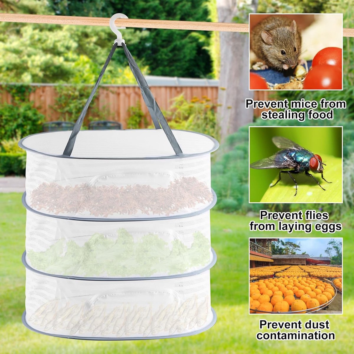 Herb Drying Rack - 40*60cm - 3-tier hanging herb drying net - Drying rack - Drying net - food drying net - hanging mesh net - plant drying rack - with zippers - foldable drying net - for buds, meat, herbs, vegetables, plants, fruit, clothing - white - Image 5