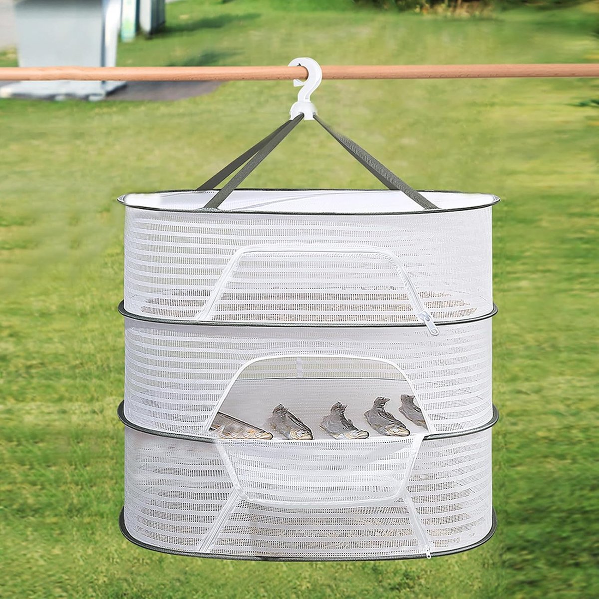 Herb Drying Rack - 40*60cm - 3-tier hanging herb drying net - Drying rack - Drying net - food drying net - hanging mesh net - plant drying rack - with zippers - foldable drying net - for buds, meat, herbs, vegetables, plants, fruit, clothing - white - Image 6